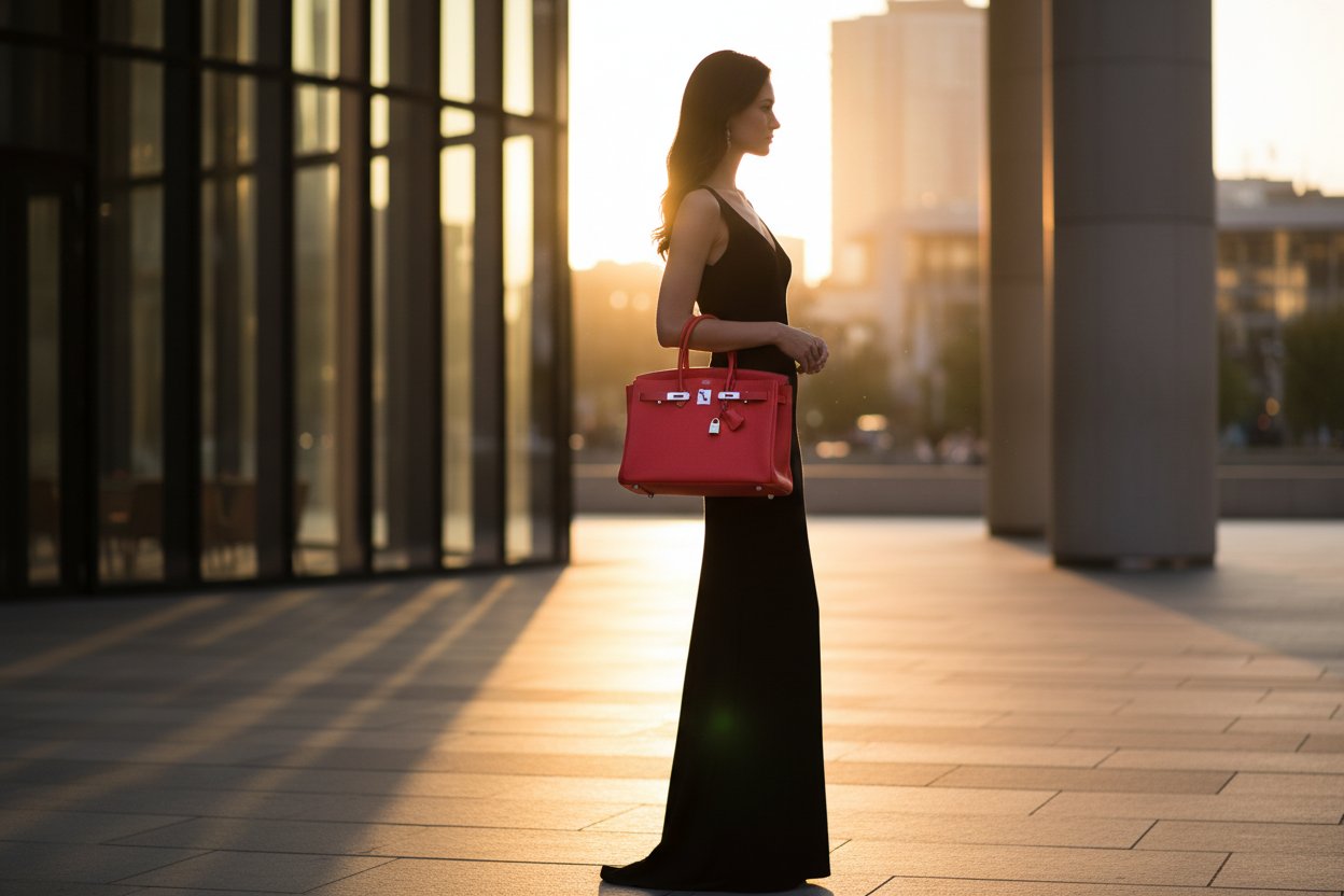 Elegant woman in black dress carrying Hermes Birkin Bag