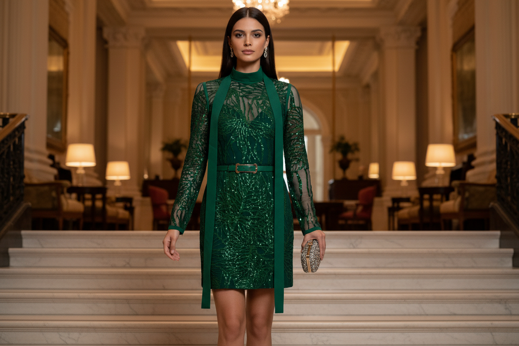 Sophisticated woman wearing Elie Saab dress